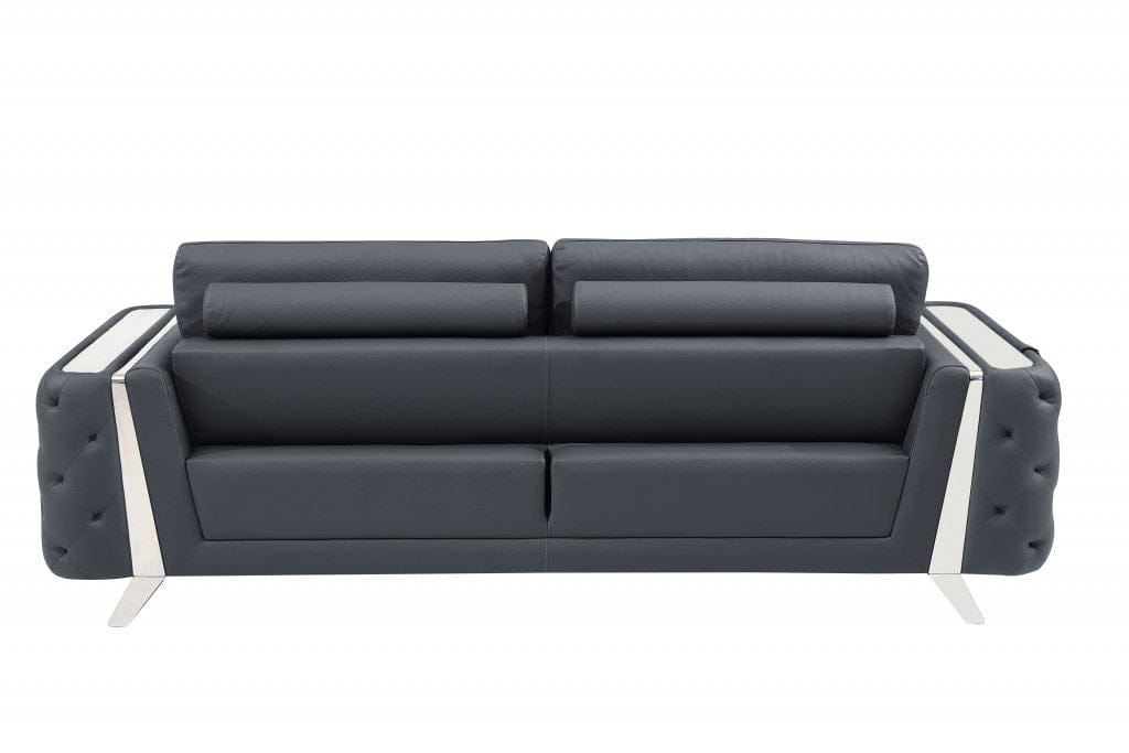 90" Dark Gray Italian Leather And Chrome Standard Sofa