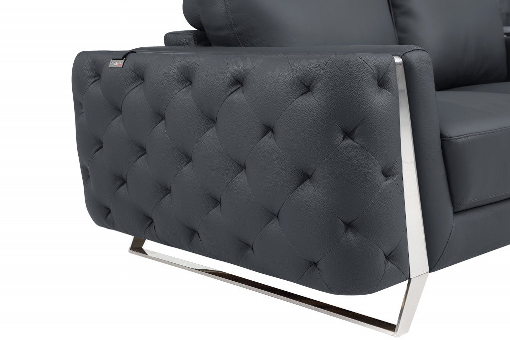 90" Dark Gray Italian Leather And Chrome Standard Sofa