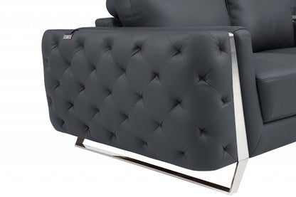 90" Dark Gray Italian Leather And Chrome Standard Sofa