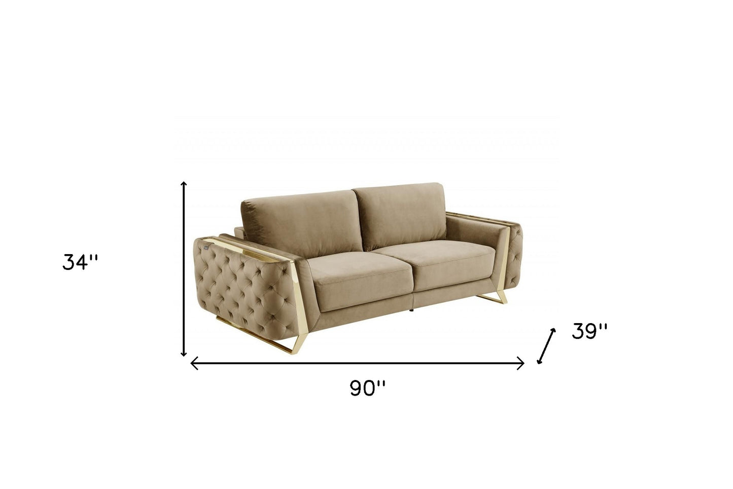 90" Beige Velvet And Gold Stainless Steel Standard Sofa