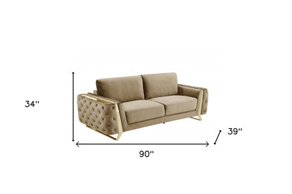 90" Beige Velvet And Gold Stainless Steel Standard Sofa