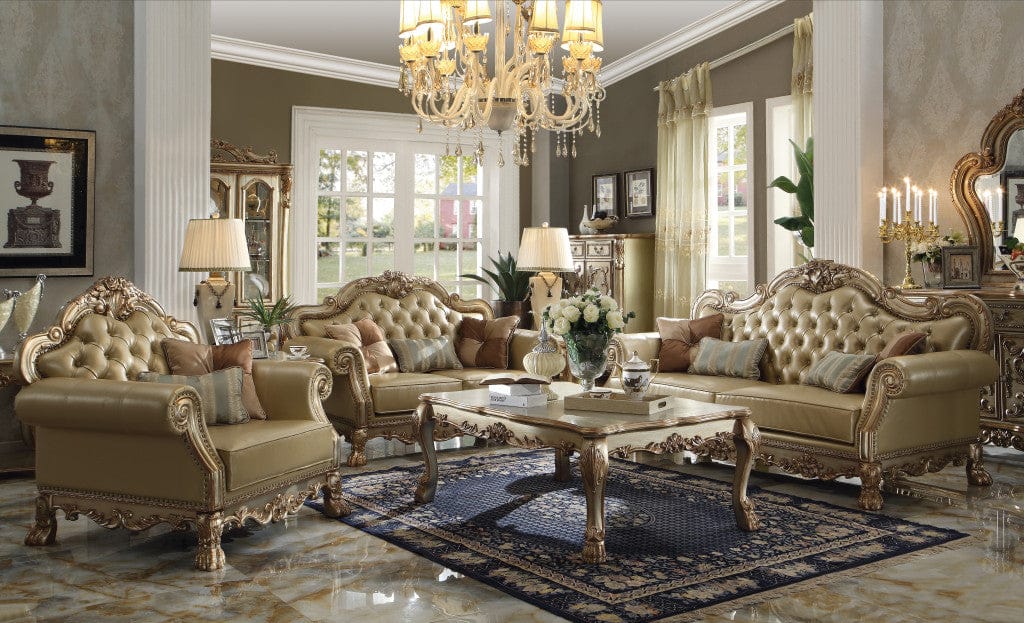 45" Ivory Faux Leather And Gold Patina Ornate Arm Chair