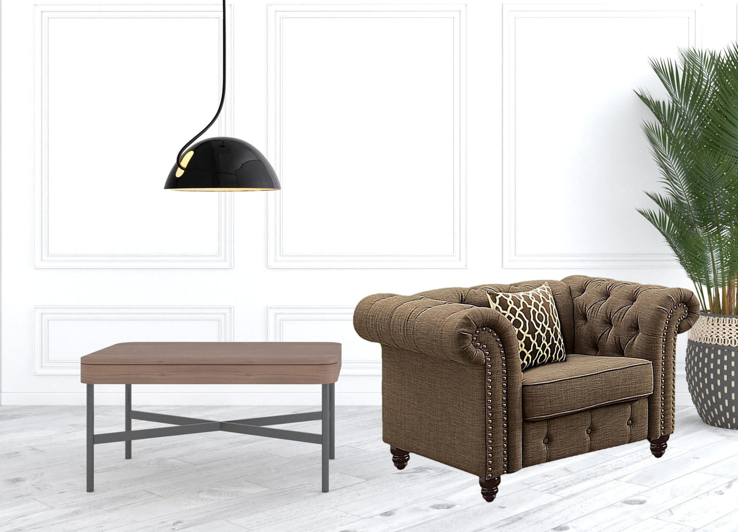 45" Brown Linen And Black Tufted Chesterfield Chair