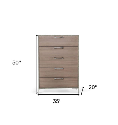 35" Brown Oak And Grey Solid And Manufactured Wood Five Drawer Standard Chest