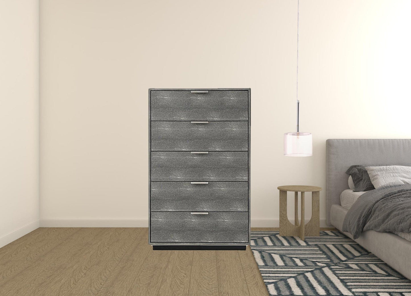 30" Grey Manufactured Wood + Solid Wood And Stainless Steel Five Drawer Standard Chest