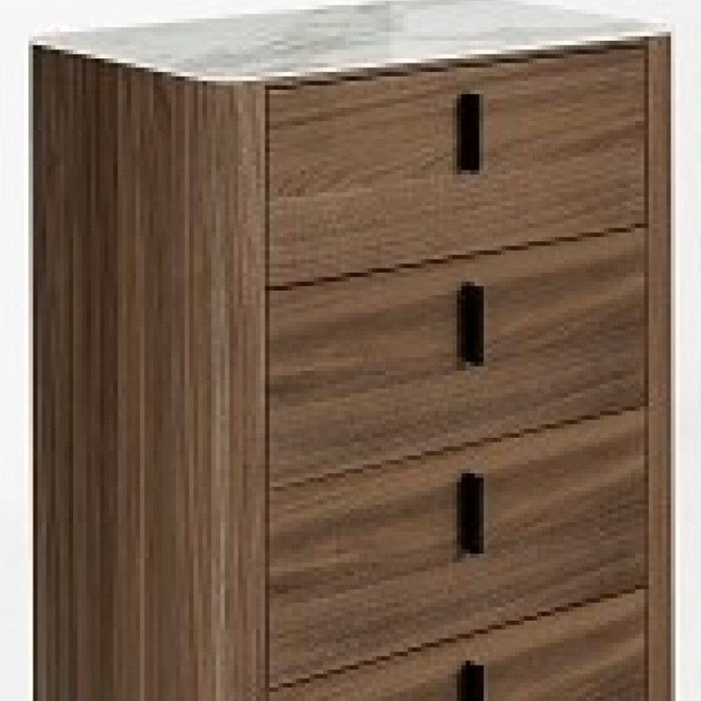 28" Walnut White Marble Manufactured Wood + Solid Wood Stainless Steel Five Drawer Standard Chest
