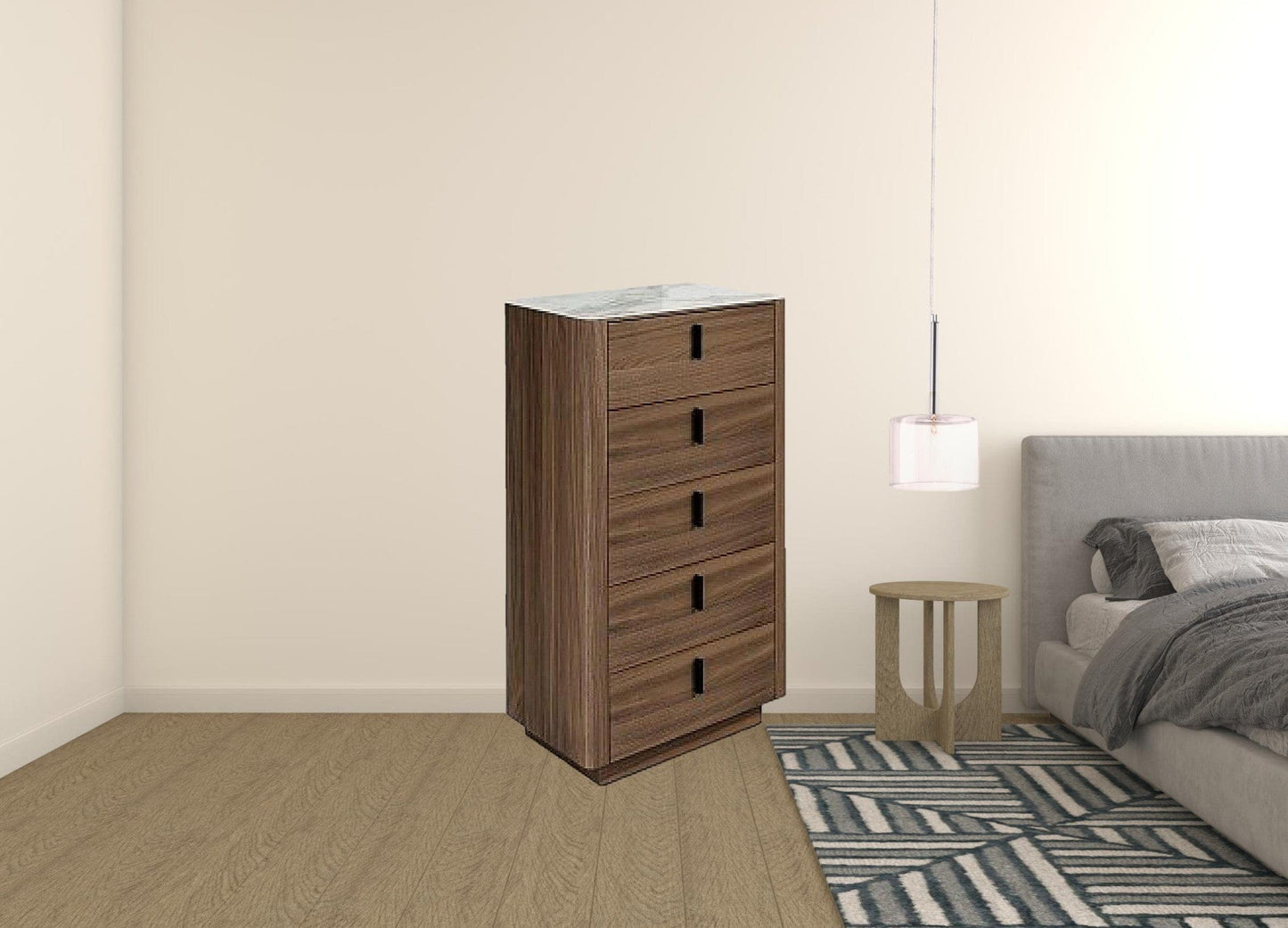 28" Walnut White Marble Manufactured Wood + Solid Wood Stainless Steel Five Drawer Standard Chest