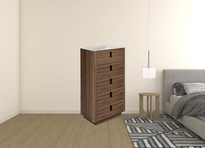 28" Walnut White Marble Manufactured Wood + Solid Wood Stainless Steel Five Drawer Standard Chest