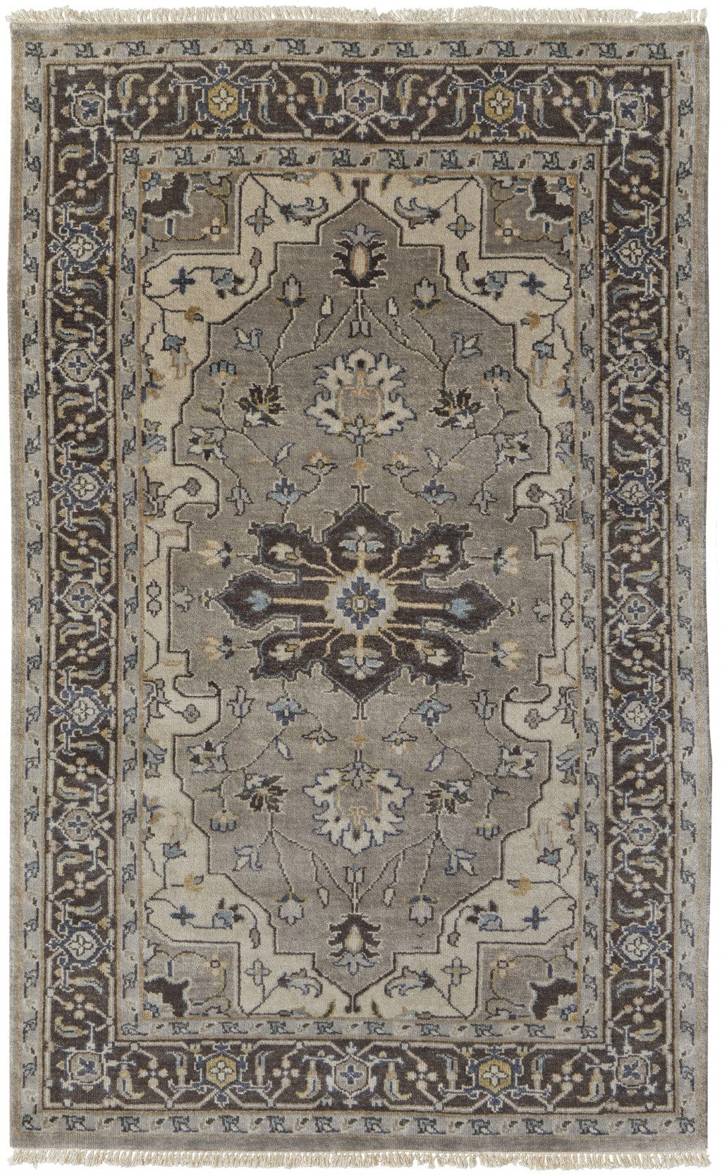 5' X 8' Gray Taupe And Blue Wool Floral Hand Knotted Stain Resistant Area Rug