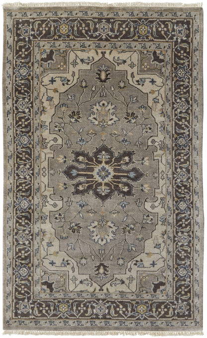 5' X 8' Gray Taupe And Blue Wool Floral Hand Knotted Stain Resistant Area Rug