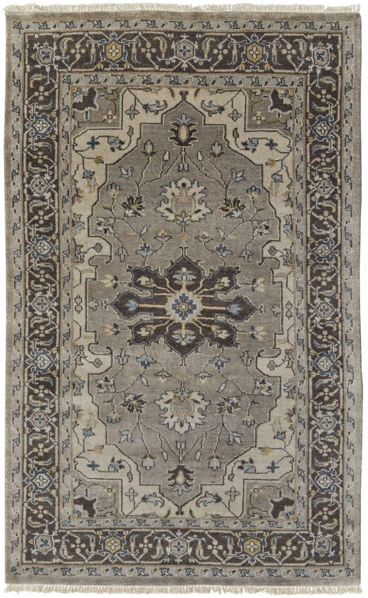 5' X 8' Gray Taupe And Blue Wool Floral Hand Knotted Stain Resistant Area Rug
