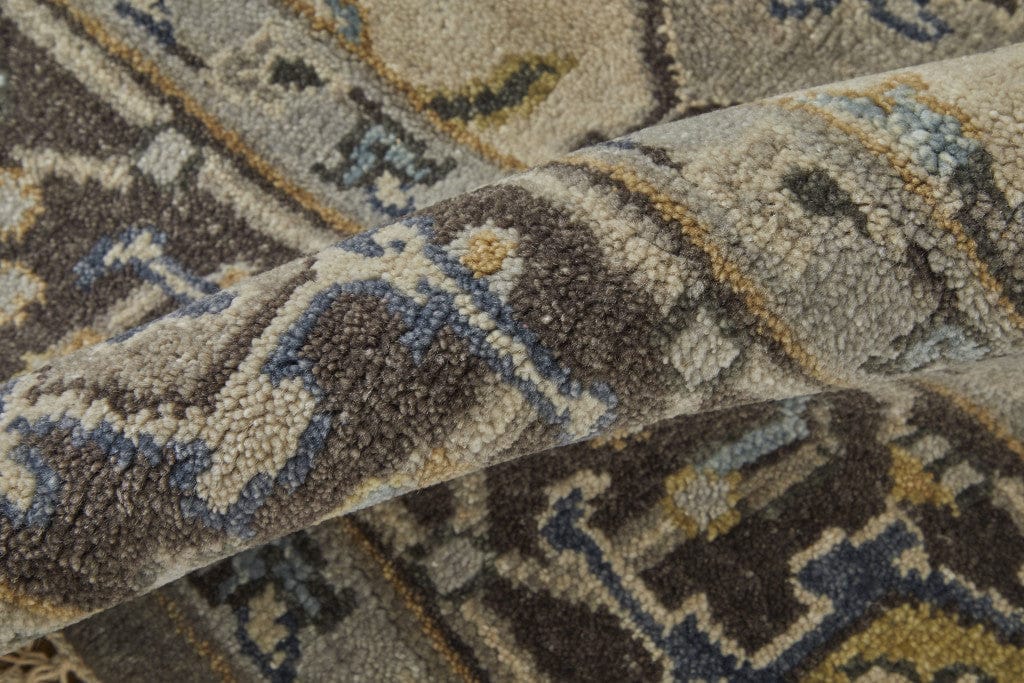 5' X 8' Gray Taupe And Blue Wool Floral Hand Knotted Stain Resistant Area Rug