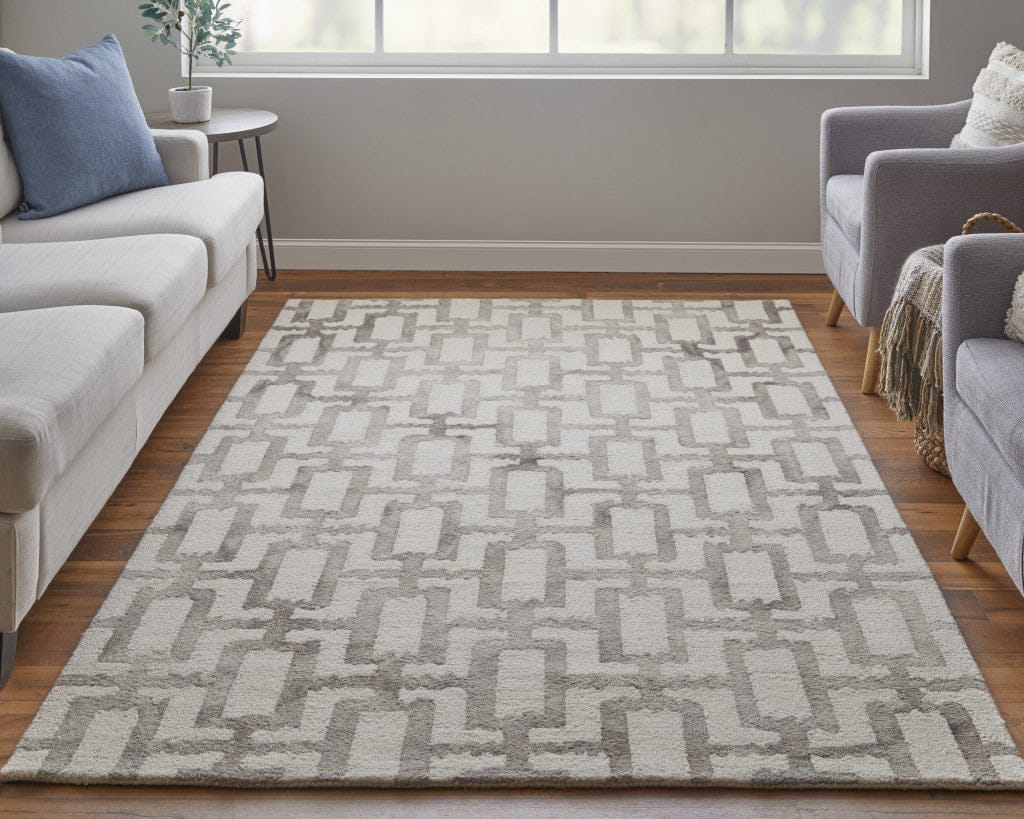 4' X 6' Ivory And Green Wool Geometric Tufted Handmade Area Rug