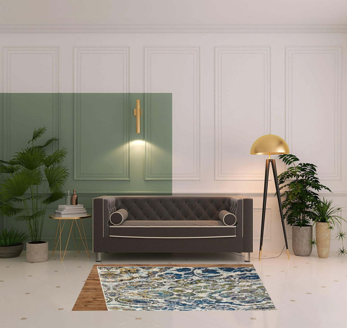 4' X 6' Ivory Blue And Green Floral Stain Resistant Area Rug