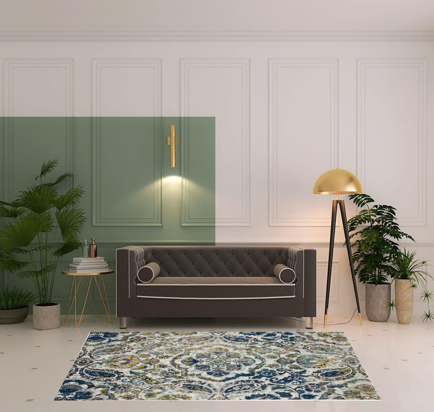 4' X 6' Ivory Blue And Green Floral Stain Resistant Area Rug