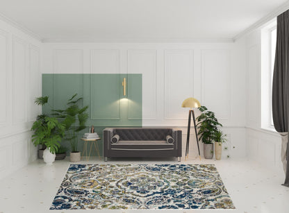4' X 6' Ivory Blue And Green Floral Stain Resistant Area Rug