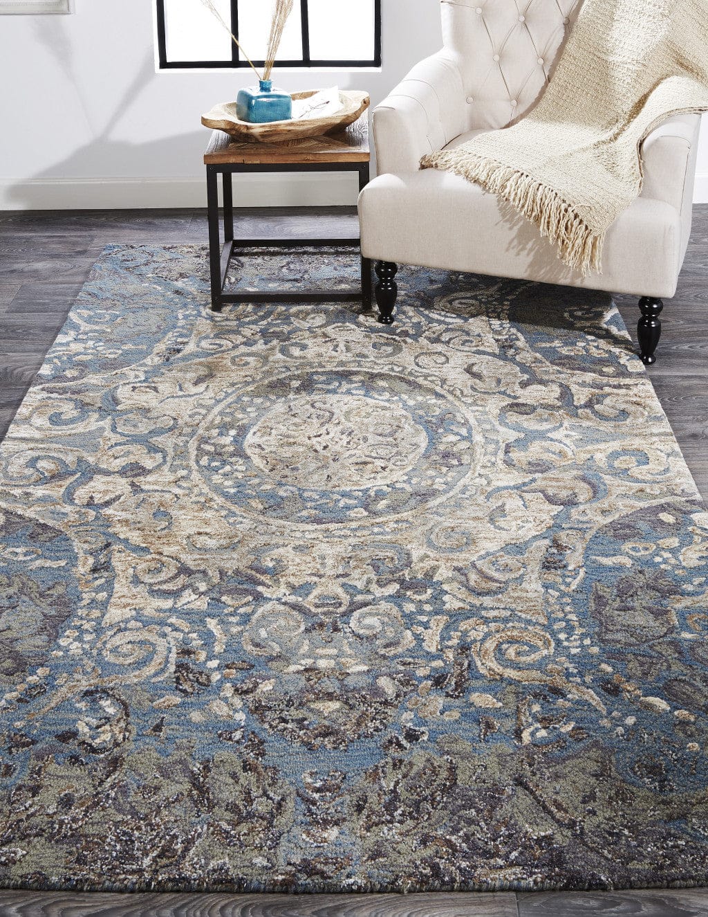 5' X 8' Gray Blue And Taupe Wool Abstract Tufted Handmade Stain Resistant Area Rug