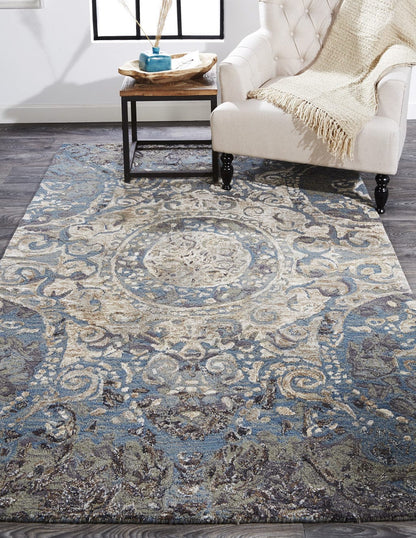 5' X 8' Gray Blue And Taupe Wool Abstract Tufted Handmade Stain Resistant Area Rug