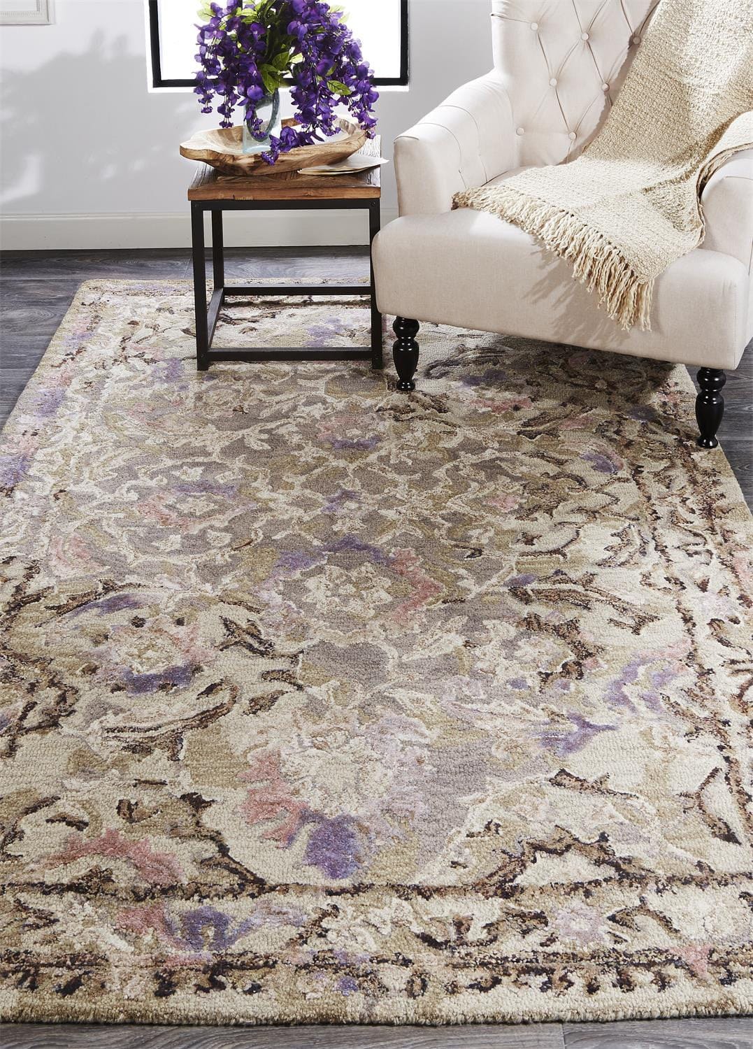 5' X 8' Taupe Gray And Purple Wool Abstract Tufted Handmade Stain Resistant Area Rug