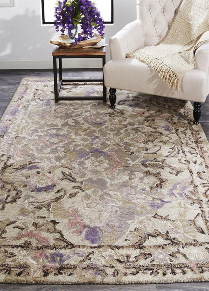 5' X 8' Taupe Gray And Purple Wool Abstract Tufted Handmade Stain Resistant Area Rug