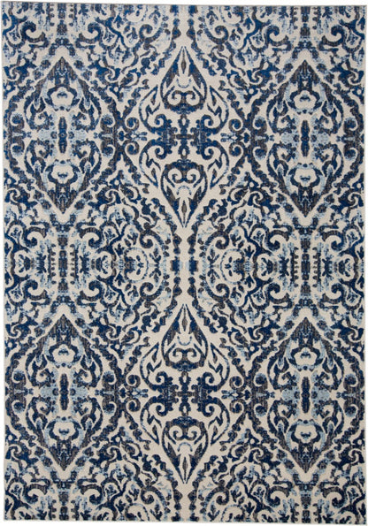 2' X 4' Blue Ivory And Black Floral Distressed Stain Resistant Area Rug