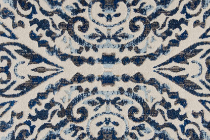 2' X 4' Blue Ivory And Black Floral Distressed Stain Resistant Area Rug