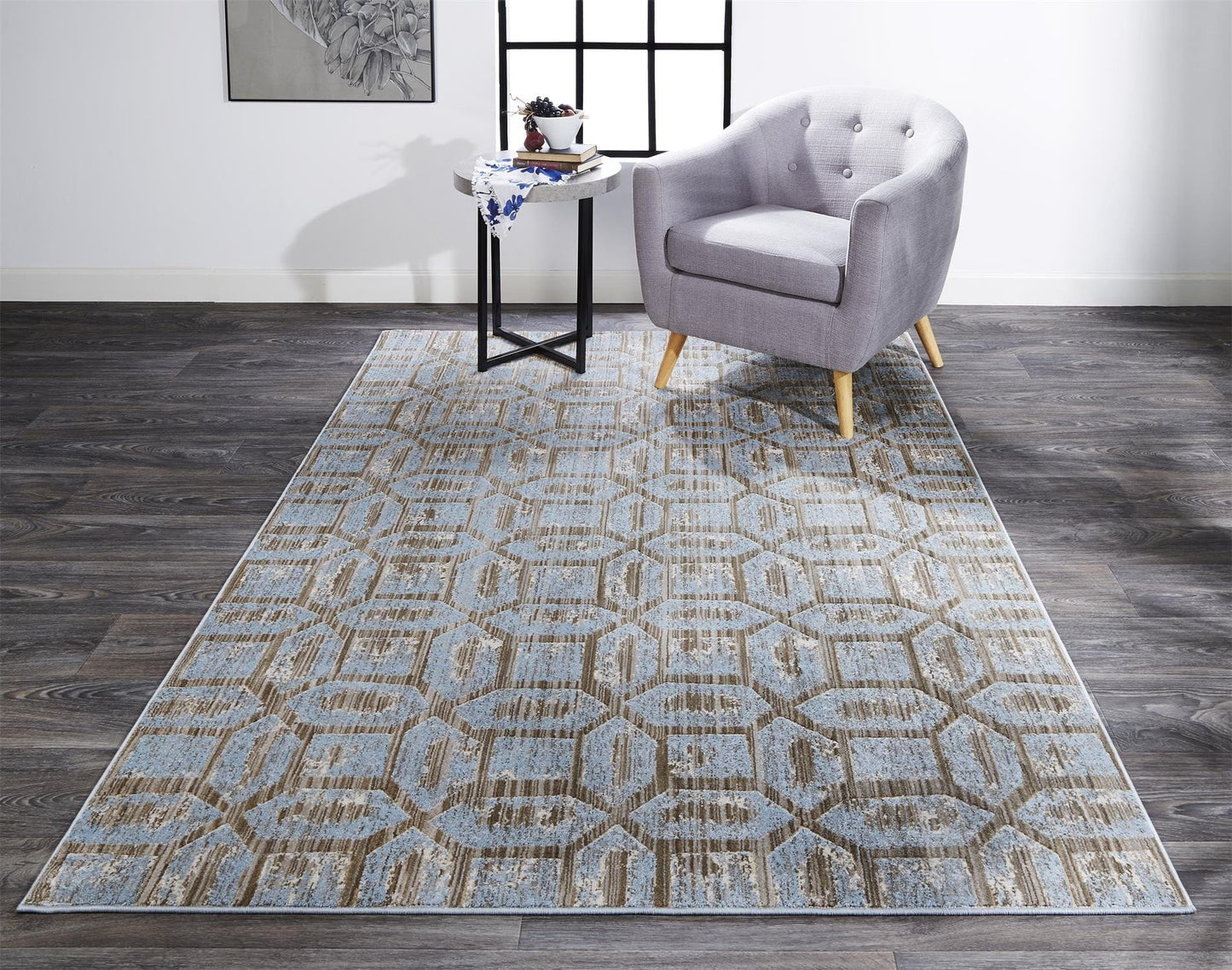 2' X 4' Blue Taupe And Ivory Floral Distressed Stain Resistant Area Rug