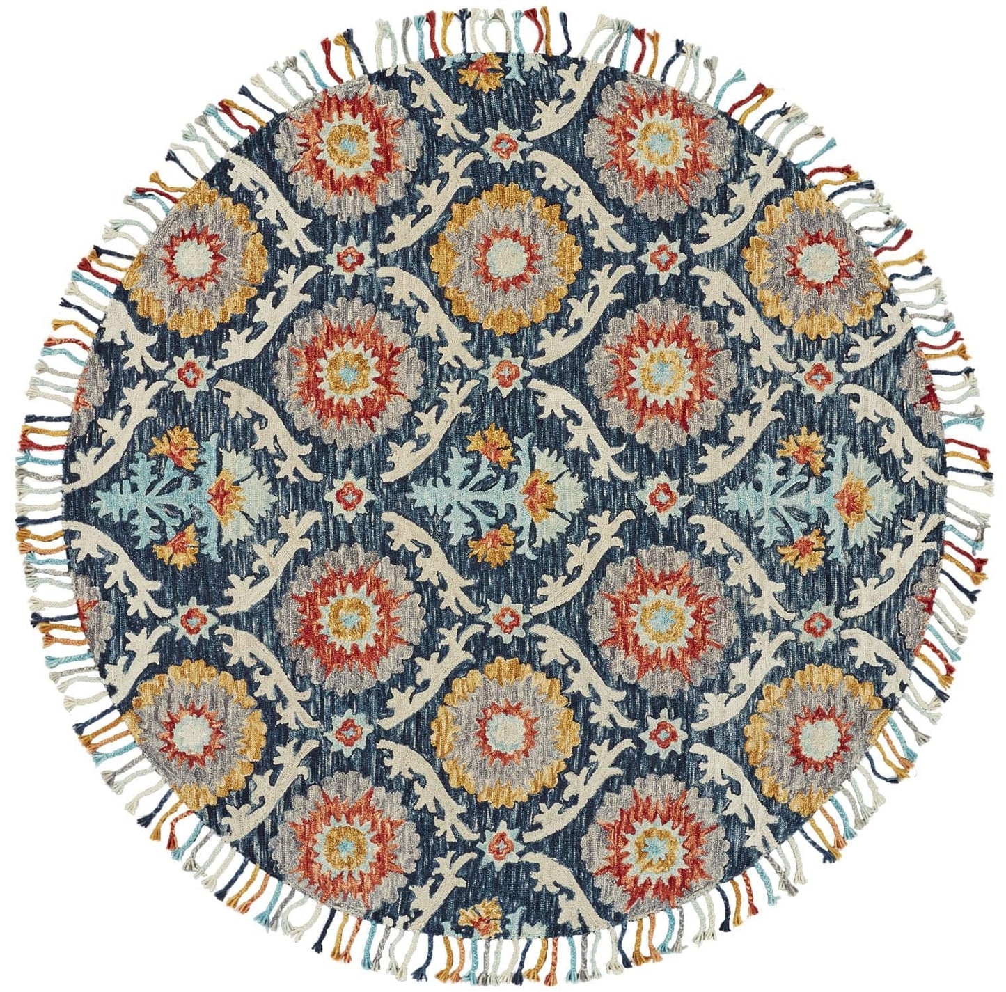 8' Blue Yellow And Orange Round Wool Paisley Tufted Handmade Stain Resistant Area Rug With Fringe