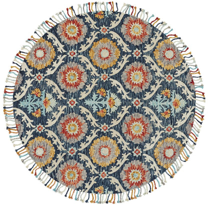 8' Blue Yellow And Orange Round Wool Paisley Tufted Handmade Stain Resistant Area Rug With Fringe