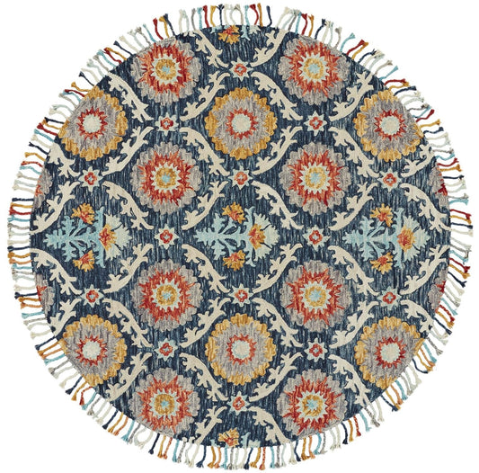 8' Blue Yellow And Orange Round Wool Paisley Tufted Handmade Stain Resistant Area Rug With Fringe