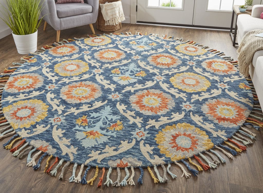 8' Blue Yellow And Orange Round Wool Paisley Tufted Handmade Stain Resistant Area Rug With Fringe