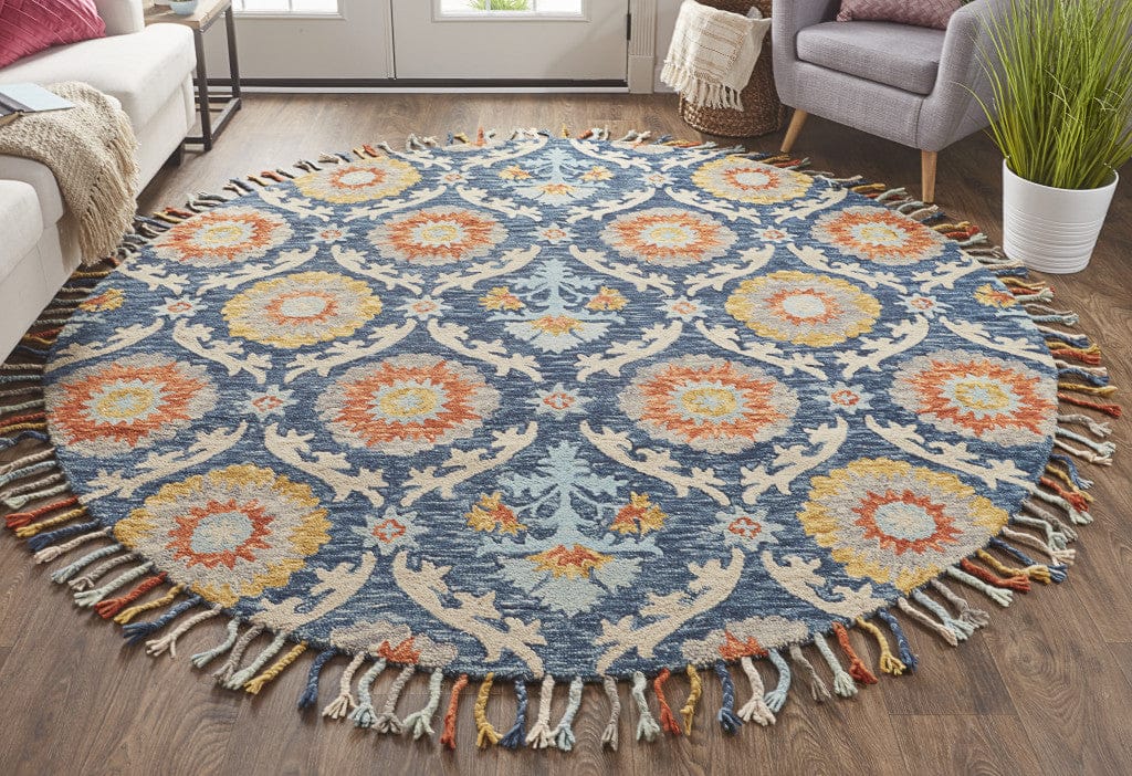 8' Blue Yellow And Orange Round Wool Paisley Tufted Handmade Stain Resistant Area Rug With Fringe
