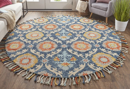 8' Blue Yellow And Orange Round Wool Paisley Tufted Handmade Stain Resistant Area Rug With Fringe