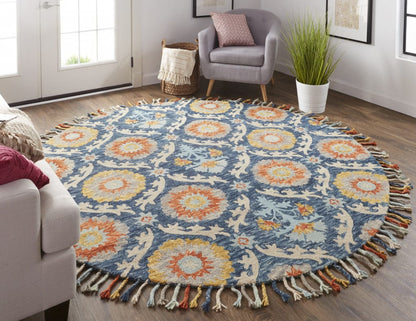 8' Blue Yellow And Orange Round Wool Paisley Tufted Handmade Stain Resistant Area Rug With Fringe