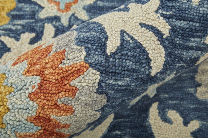 8' Blue Yellow And Orange Round Wool Paisley Tufted Handmade Stain Resistant Area Rug With Fringe