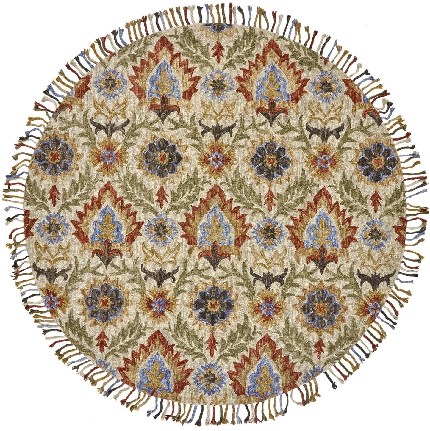 8' Ivory Green And Orange Round Wool Paisley Tufted Handmade Stain Resistant Area Rug With Fringe