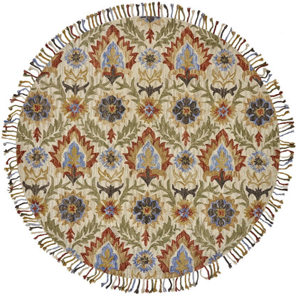 8' Ivory Green And Orange Round Wool Paisley Tufted Handmade Stain Resistant Area Rug With Fringe
