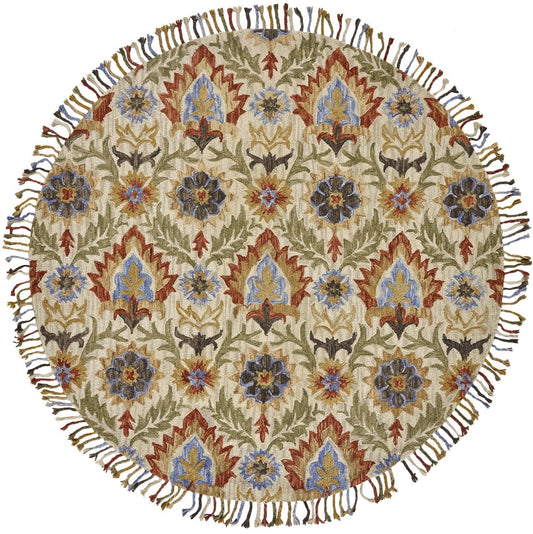 8' Ivory Green And Orange Round Wool Paisley Tufted Handmade Stain Resistant Area Rug With Fringe
