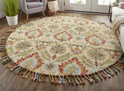 8' Ivory Green And Orange Round Wool Paisley Tufted Handmade Stain Resistant Area Rug With Fringe