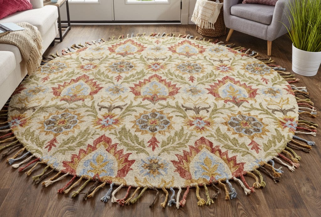 8' Ivory Green And Orange Round Wool Paisley Tufted Handmade Stain Resistant Area Rug With Fringe
