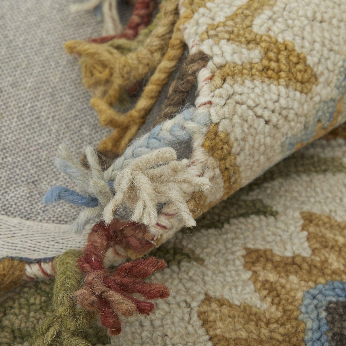 8' Ivory Green And Orange Round Wool Paisley Tufted Handmade Stain Resistant Area Rug With Fringe