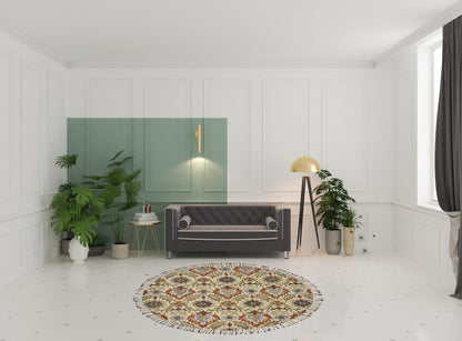 8' Ivory Green And Orange Round Wool Paisley Tufted Handmade Stain Resistant Area Rug With Fringe