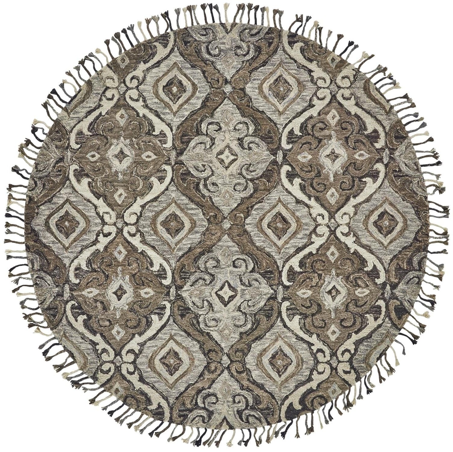 8' Gray Taupe And Ivory Round Wool Floral Tufted Handmade Stain Resistant Area Rug With Fringe