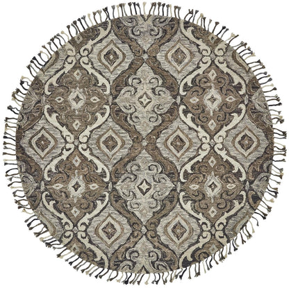 8' Gray Taupe And Ivory Round Wool Floral Tufted Handmade Stain Resistant Area Rug With Fringe
