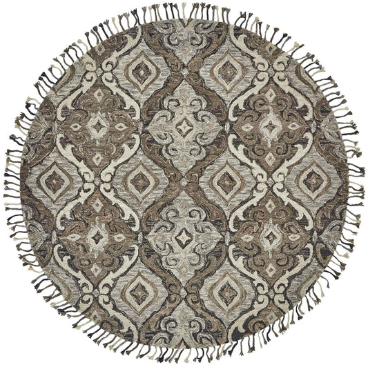 8' Gray Taupe And Ivory Round Wool Floral Tufted Handmade Stain Resistant Area Rug With Fringe