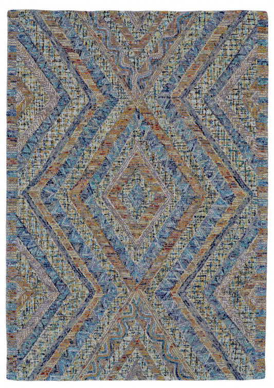 8' X 11' Blue Brown And Orange Wool Geometric Tufted Handmade Stain Resistant Area Rug