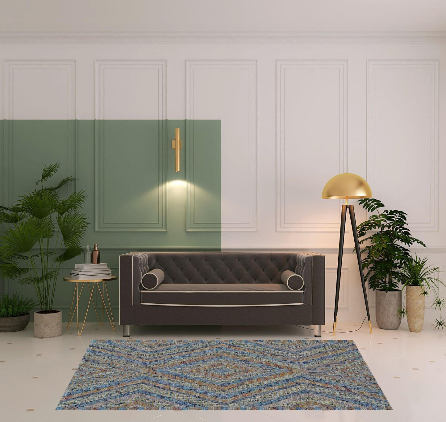 8' X 11' Blue Brown And Orange Wool Geometric Tufted Handmade Stain Resistant Area Rug