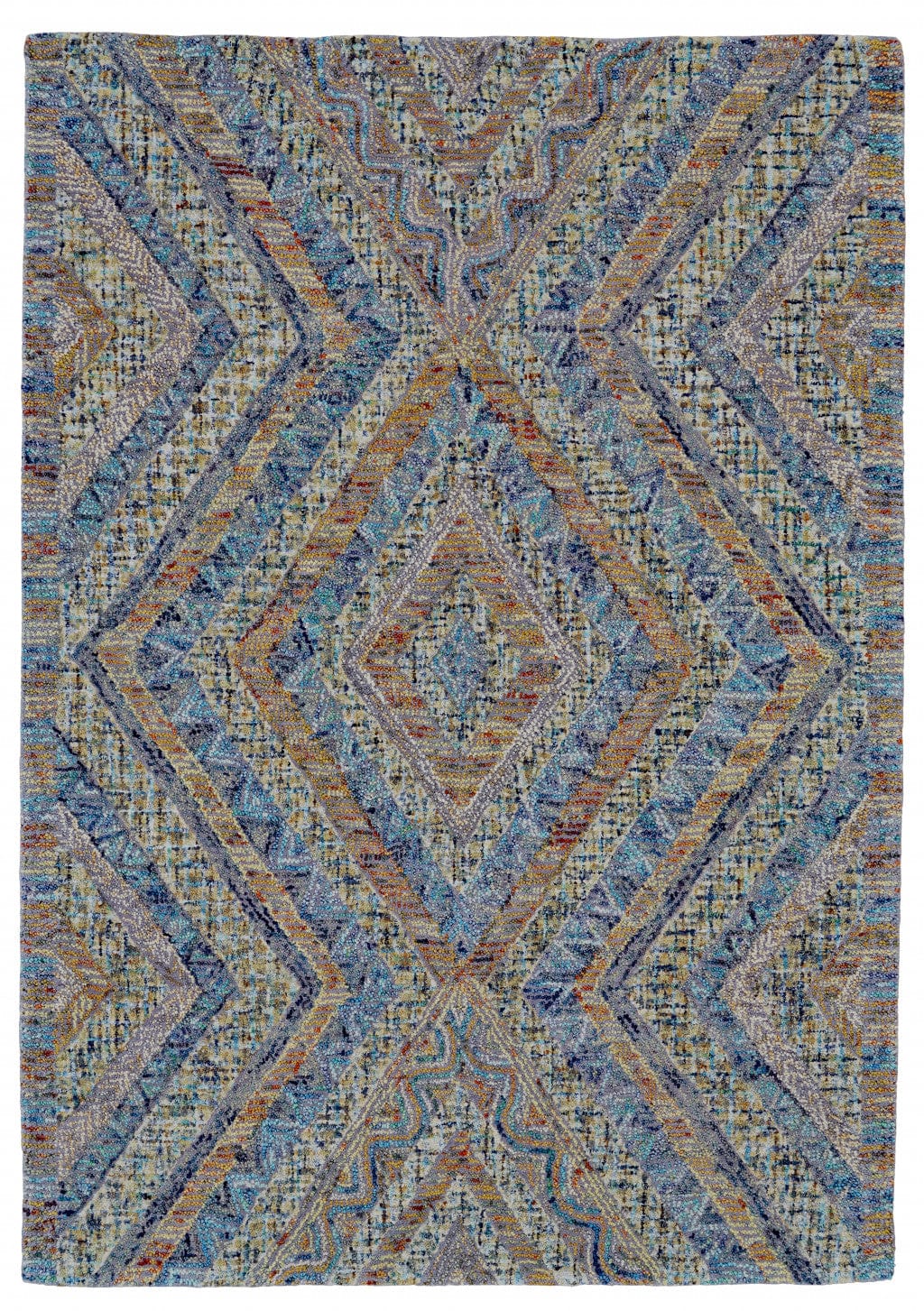 8' X 11' Blue Brown And Orange Wool Geometric Tufted Handmade Stain Resistant Area Rug