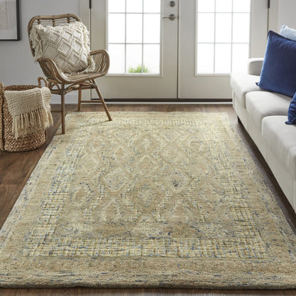 4' X 6' Tan Blue And Gray Wool Floral Tufted Handmade Stain Resistant Area Rug
