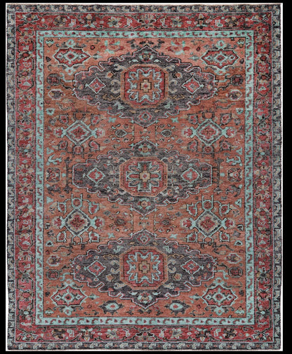4' X 6' Red Orange And Blue Wool Floral Hand Knotted Distressed Stain Resistant Area Rug With Fringe